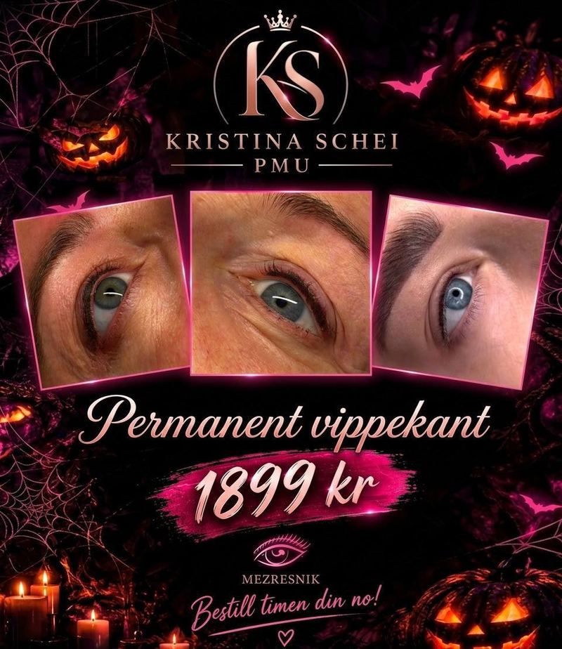 Halloween-tilbud: permanent vippekant 1 899 kr hos Kristina Schei PMU, Beauty HUB Førde – før og etter-bilder